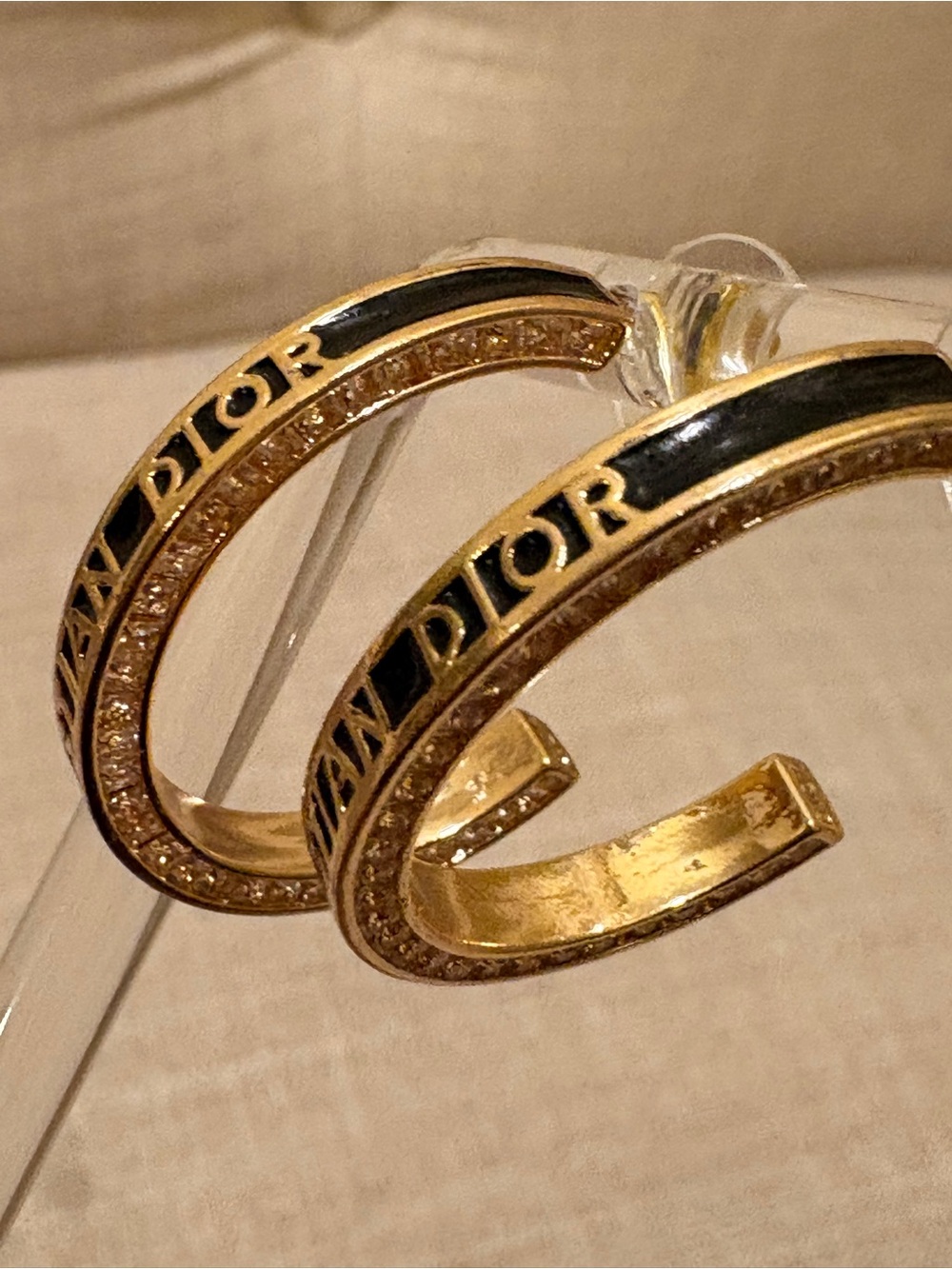 Christian Dior Gold Tone Hoop Earrings with Black Enamel